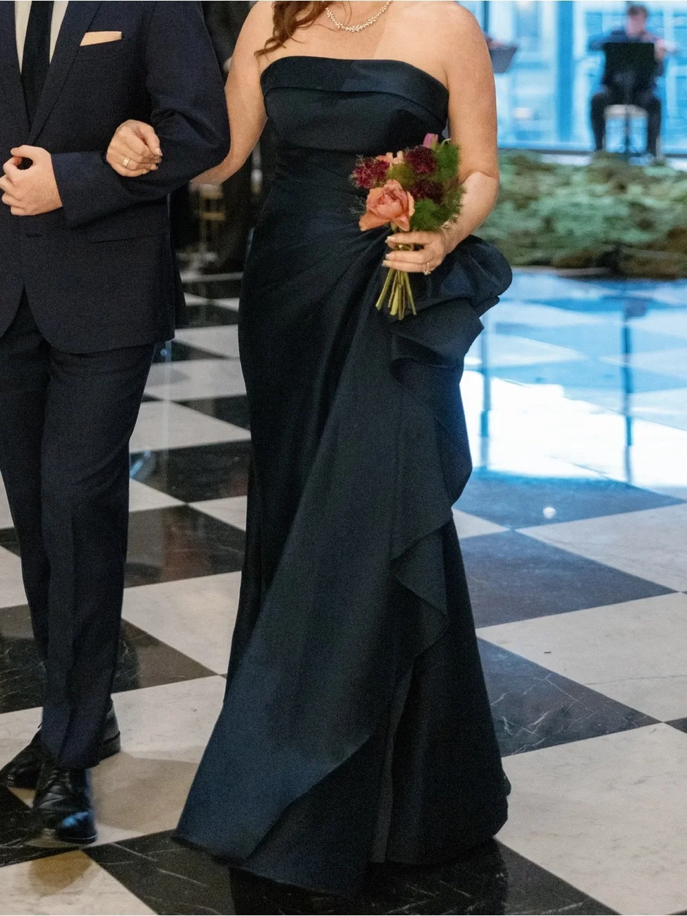 Terani Couture Strapless Navy Blue Taffeta Gown with Sculpted Rosette - Picture 8 of 9